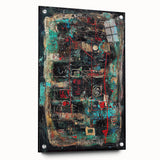 Abstract acrylic glass artwork showcasing vibrant splatters in shades of blue, yellow, and red, viewed from the side with decorative pins, ideal for modern decor.