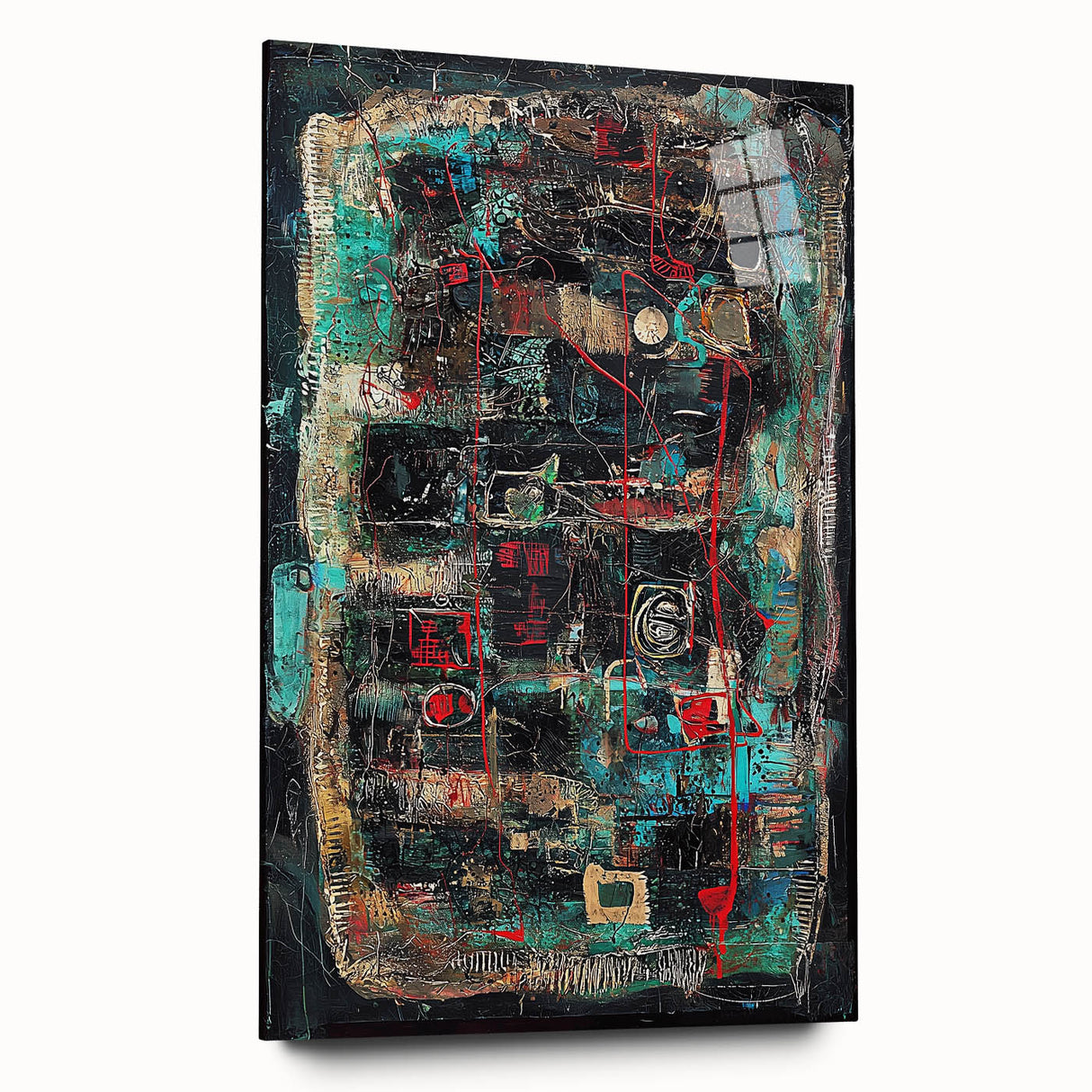 Abstract acrylic glass artwork showcasing vibrant splatters in a side view, highlighting its colorful design and smooth finish, ideal for modern decor.