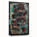 Abstract acrylic glass artwork showcasing vibrant splatters in a side view, highlighting its colorful design and smooth finish, ideal for modern decor.