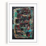 Abstract splatter art frame with white matting, showcasing vibrant colors and dynamic patterns, perfect for modern home decor or artistic displays.