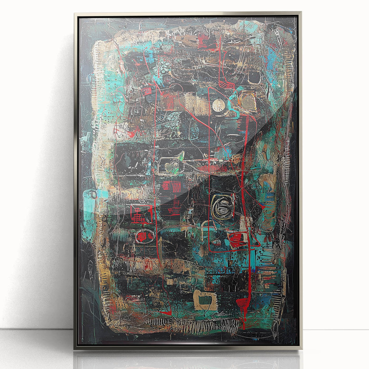 Framed acrylic artwork showcasing abstract splatters in vibrant colors, set against a sleek silver background. Perfect for modern home decor and artistic expression.