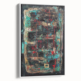 Framed canvas art showcasing a modern abstract design with colorful splatters on a white background, ideal for contemporary home decor and artistic statements.