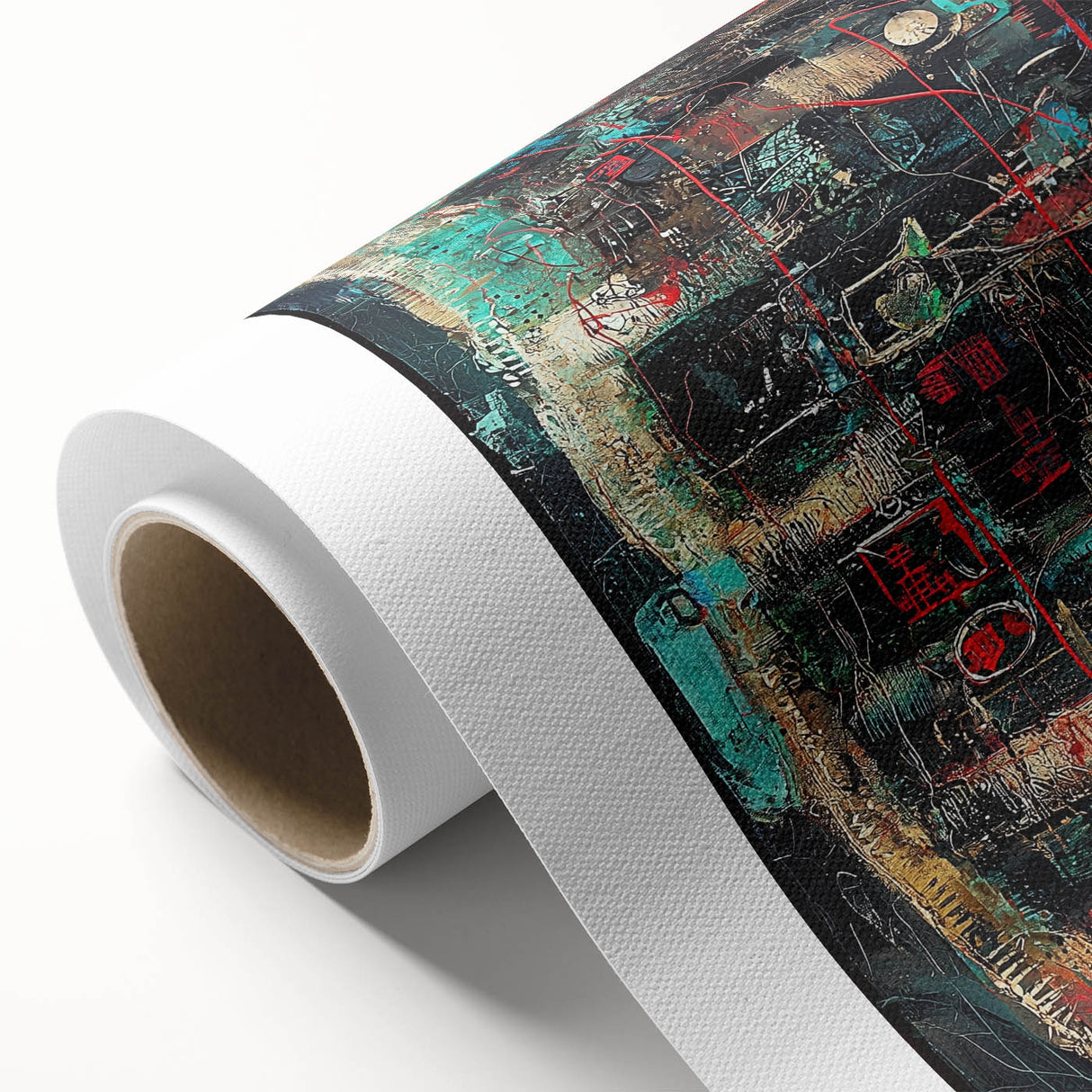 Abstract art canvas print featuring vibrant splatters of blue, orange, and yellow hues, rolled in a protective tube, ideal for modern decor and artistic spaces.