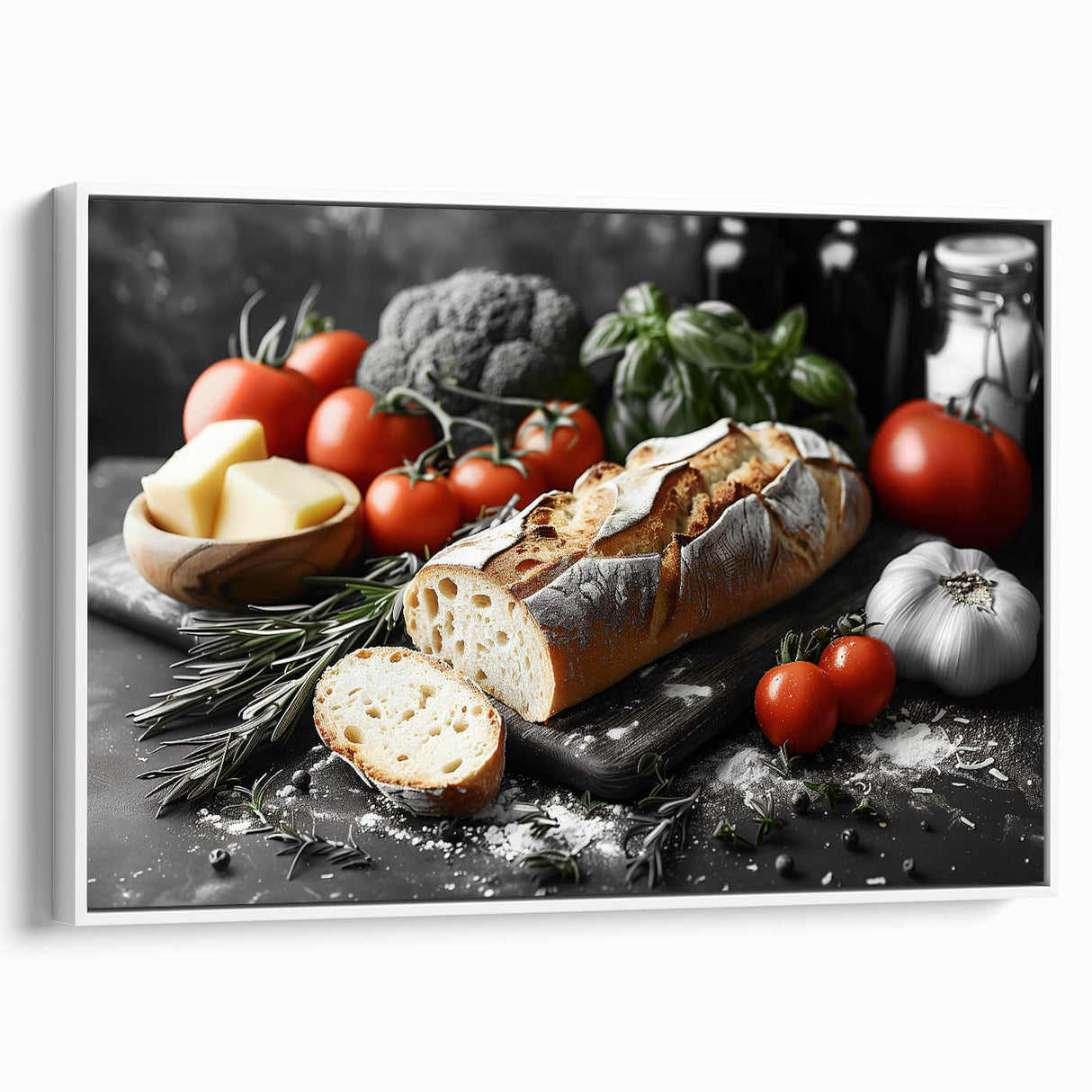 Vintage poster art of colorful food dishes on a framed canvas, ideal for extra large living room wall decor.