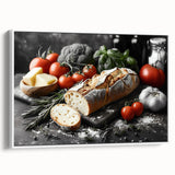 Vintage poster art of colorful food dishes on a framed canvas, ideal for extra large living room wall decor.