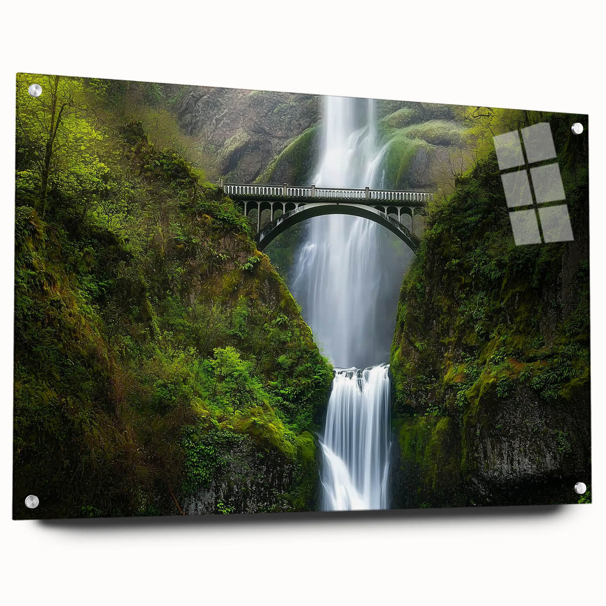 Acrylic glass landscape bridge design with a side view, showcasing intricate details and vibrant colors, secured with decorative pins for stability. Perfect for modern decor.