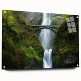Acrylic glass landscape bridge design with a side view, showcasing intricate details and vibrant colors, secured with decorative pins for stability. Perfect for modern decor.