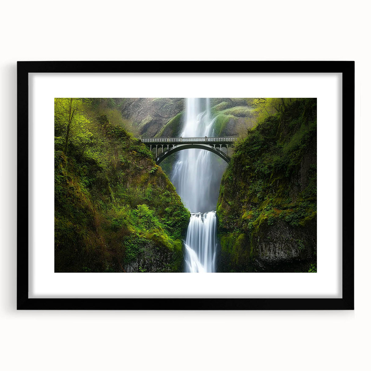 Black landscape bridge frame with a mat, showcasing a sleek front view, perfect for displaying artwork or photographs in modern decor. Ideal for home or office settings.