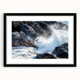 Landscape art print of canyons framed with a black mat, showcasing rich earthy tones and dramatic rock formations, ideal for modern home decor.