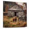 Acrylic glass wall art displaying a serene countryside landscape design, showcasing vibrant colors and intricate details, framed and ready for display with mounting pins.