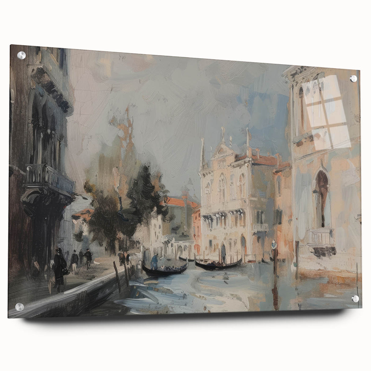 Acrylic glass landscape artwork displayed from the side, showcasing vibrant colors and intricate details, pinned against a neutral background for stability.
