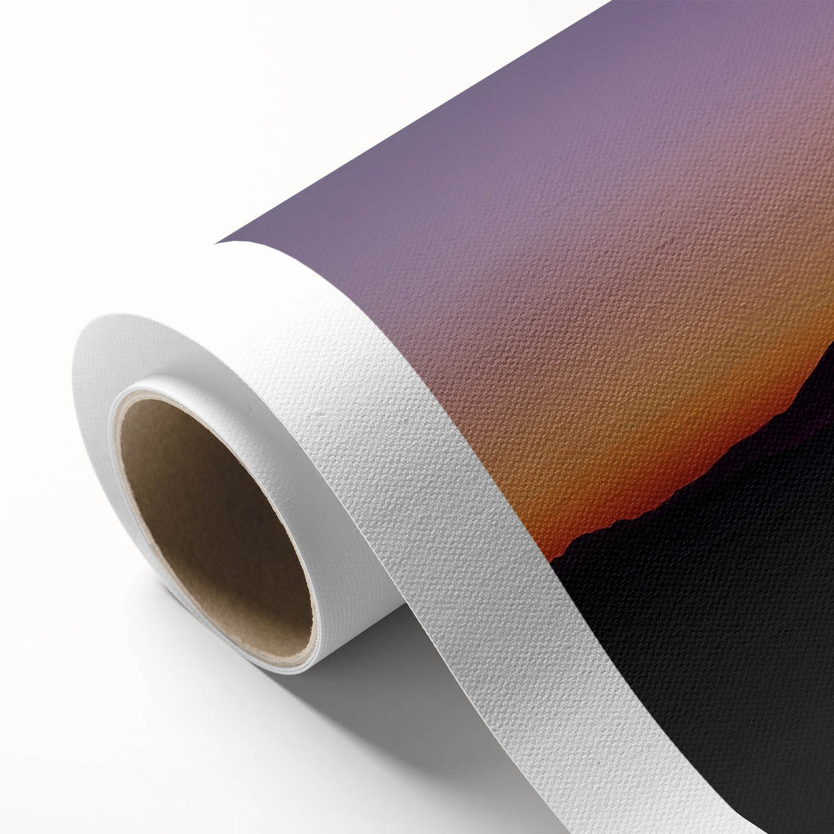 Desert landscape rolled canvas artwork showcasing vibrant hues of orange, yellow, and blue, capturing a serene sunset over sandy dunes, ideal for home decor.
