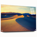 Acrylic glass artwork showcasing a serene desert landscape with soft golden dunes and a clear blue sky, presented in a side view, secured with pins for display.