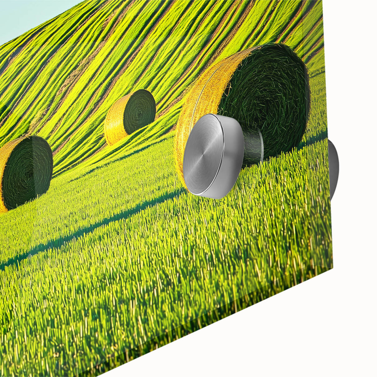 Close-up of vibrant acrylic artwork depicting lush green fields under a bright blue sky, showcasing intricate brushwork and vivid colors, perfect for home decor.