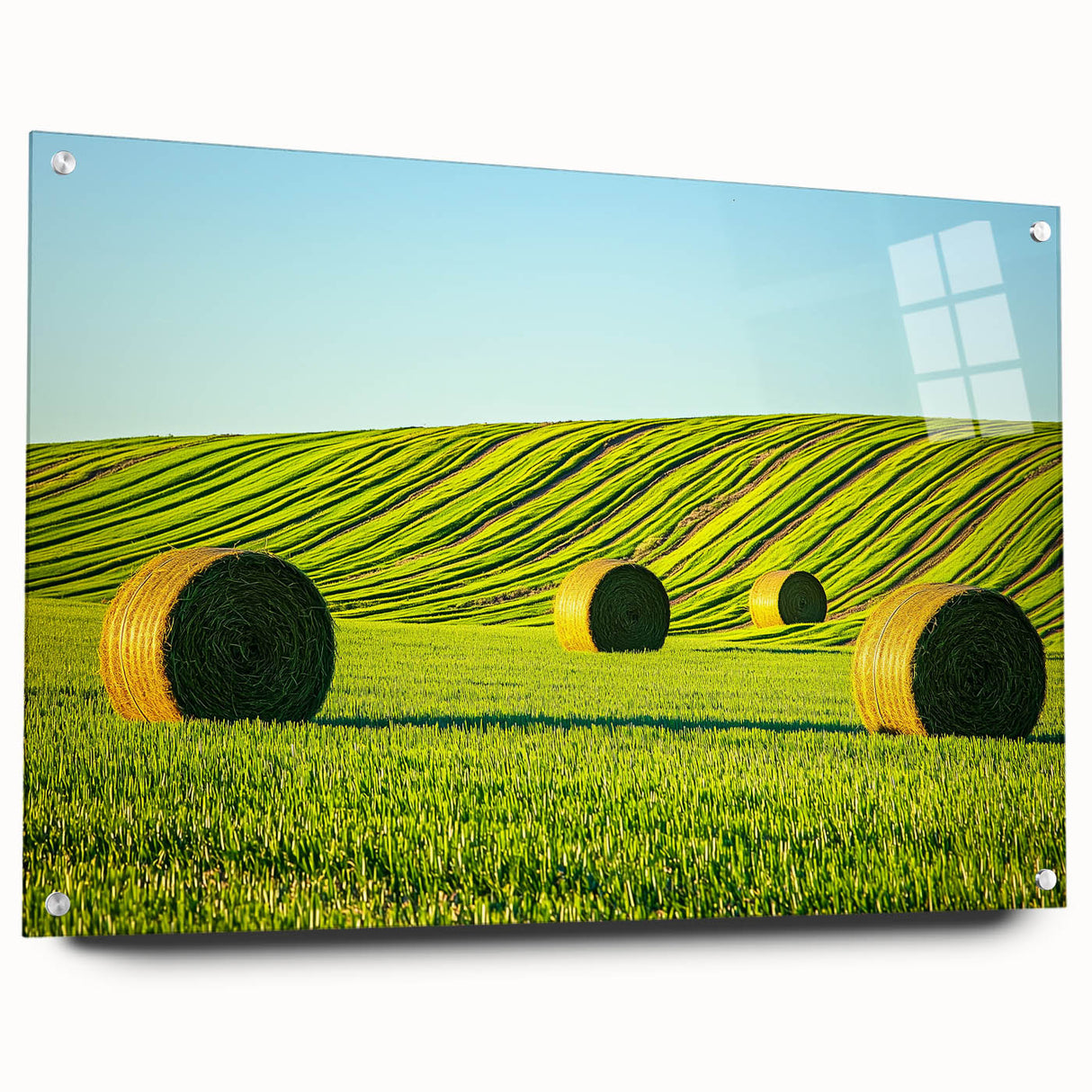 Vibrant acrylic landscape artwork showcasing rolling fields with a side view, embellished with decorative pins for added dimension. Perfect for modern home decor.