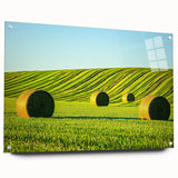 Vibrant acrylic landscape artwork showcasing rolling fields with a side view, embellished with decorative pins for added dimension. Perfect for modern home decor.