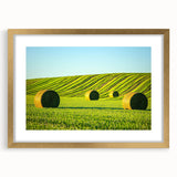 Elegant gold-framed landscape artwork featuring vibrant fields under a blue sky, enhanced with a white mat for a refined finish, perfect for home decor.