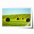 Vibrant rolled print of a serene landscape featuring lush green fields under a blue sky, designed for home decor, neatly packaged in a protective tube.