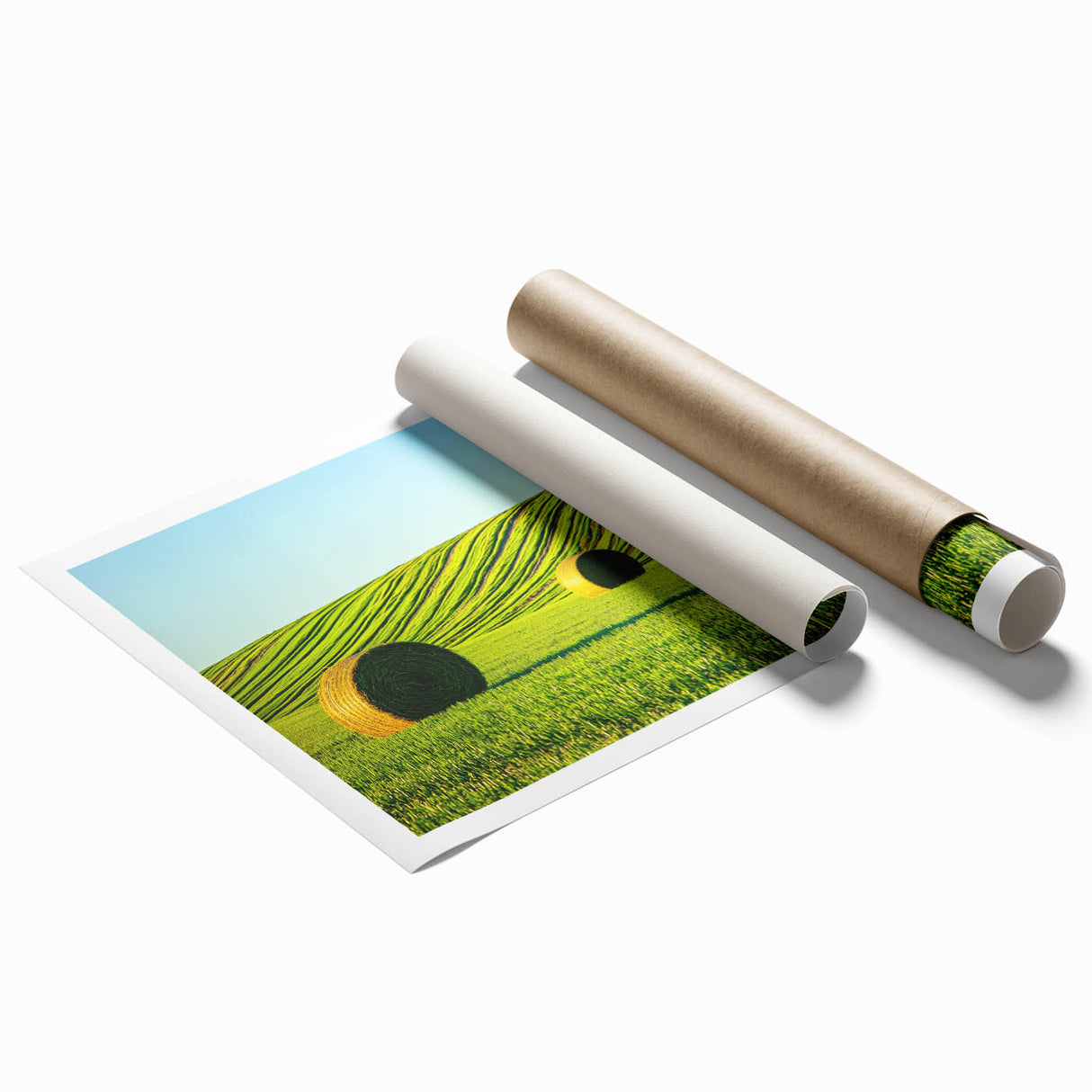 Vibrant rolled canvas print showcasing a serene landscape of rolling fields under a blue sky, highlighting soft greens and golden hues, perfect for home decor.