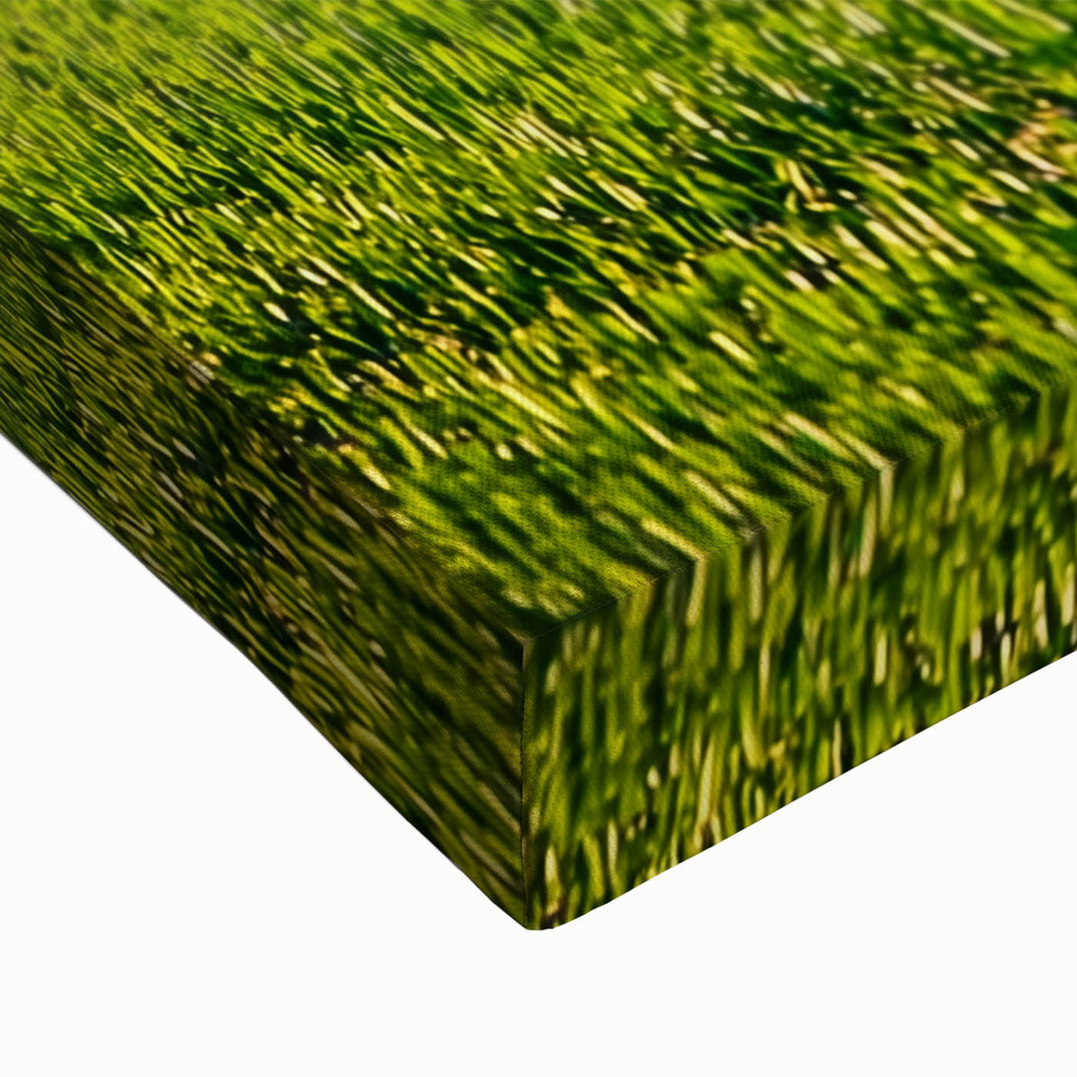 Close-up of a vibrant landscape canvas print showcasing lush green fields under a bright blue sky, designed for home decor and wall art enthusiasts.