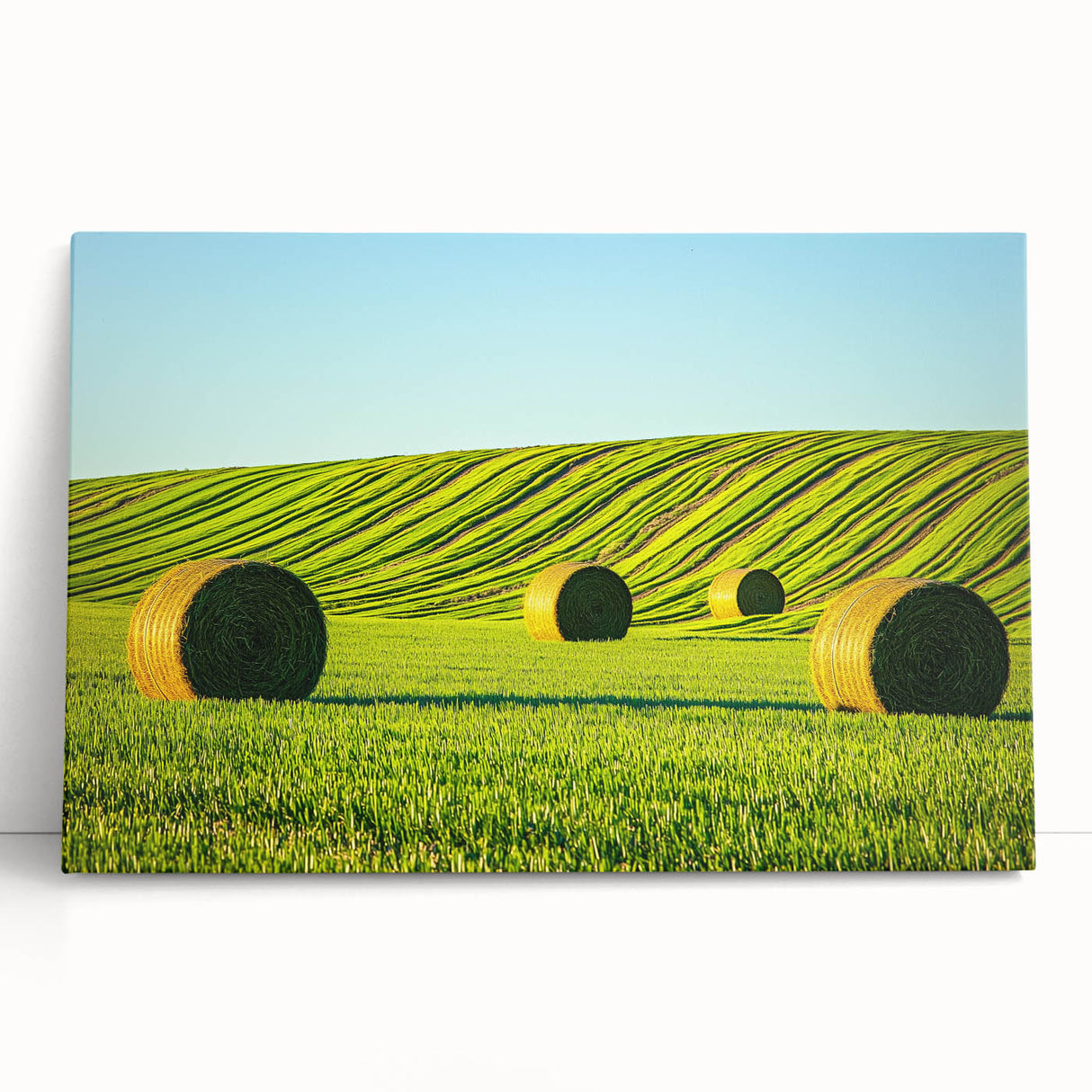 Stretched canvas artwork depicting a serene landscape of rolling green fields under a clear blue sky, perfect for home decor or office ambiance, creating a tranquil atmosphere.
