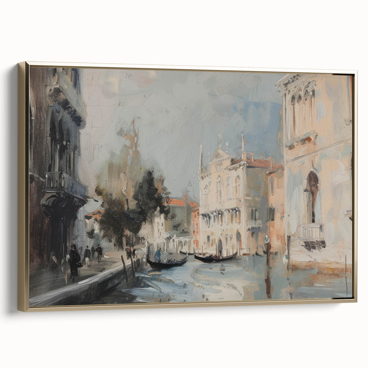 Framed canvas artwork showcasing a serene landscape design with gold accents, viewed from the side, ideal for enhancing modern home decor. Perfect for living rooms or offices.