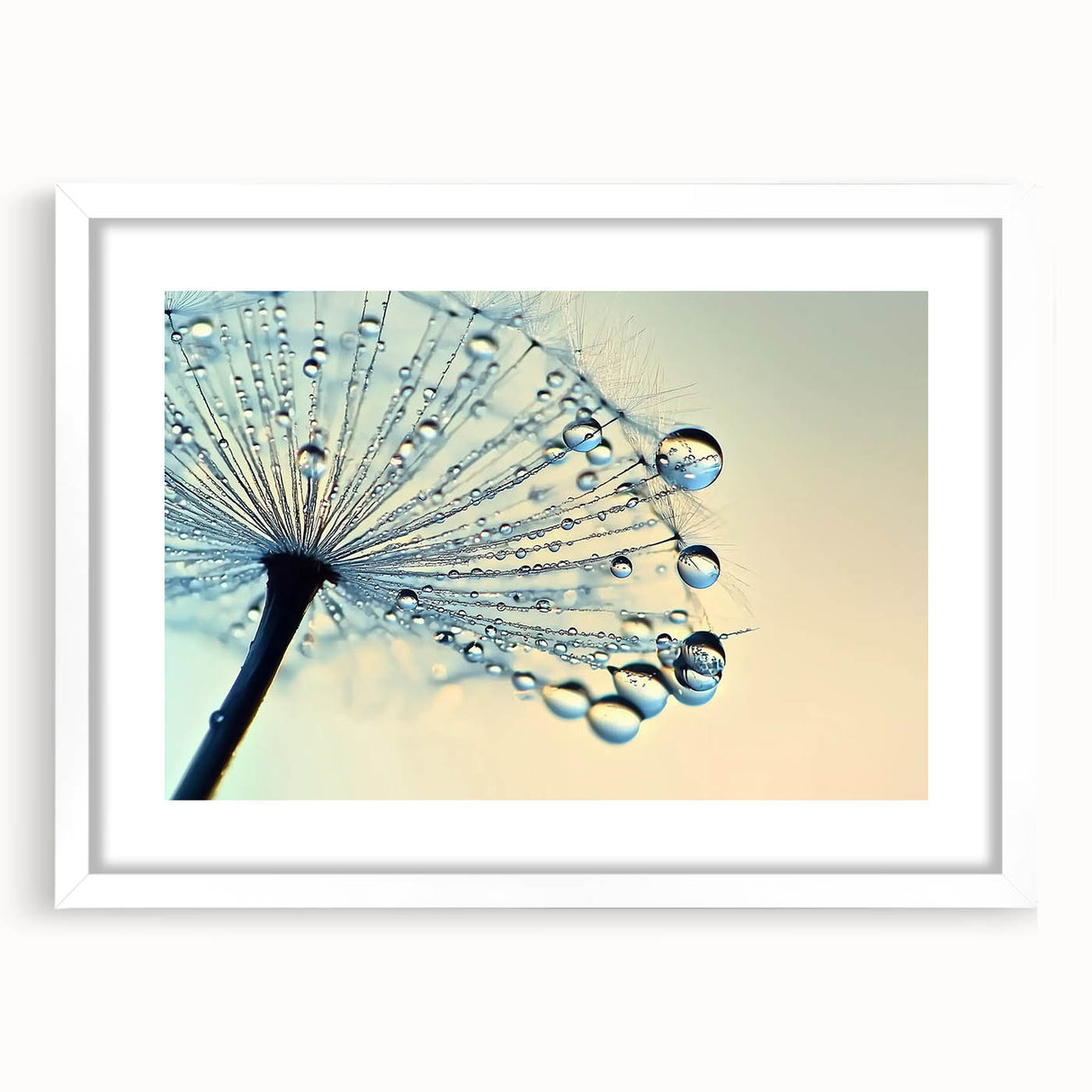 Abstract art print featuring close-up water imagery in muted blue tones, framed in white.