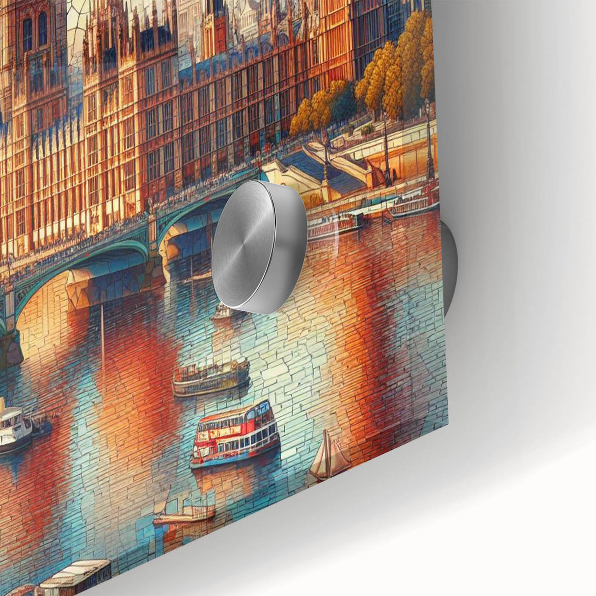 Large abstract wall art depicting the London skyline in muted gray and blue tones on acrylic glass.