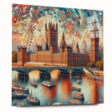Acrylic print of London skyline with vibrant blue and gray tones, ideal for dining room art.