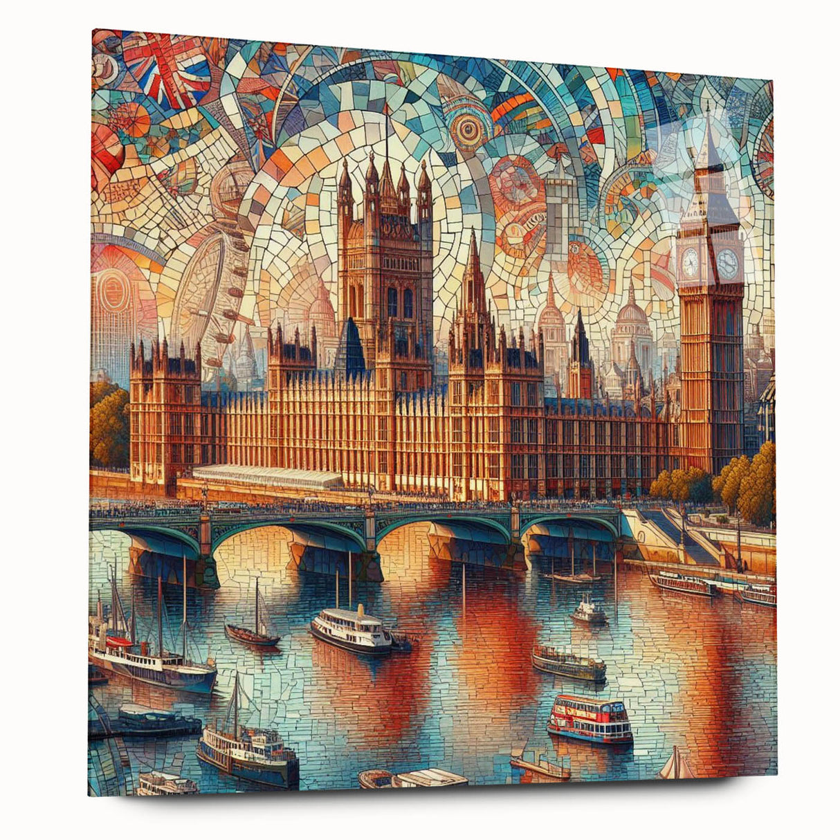 Acrylic print of a large abstract depiction of London’s skyline in muted blue and gray tones.