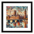 Colorful abstract art print of London scenery in vibrant hues on a large framed canvas, ideal for living room decor.