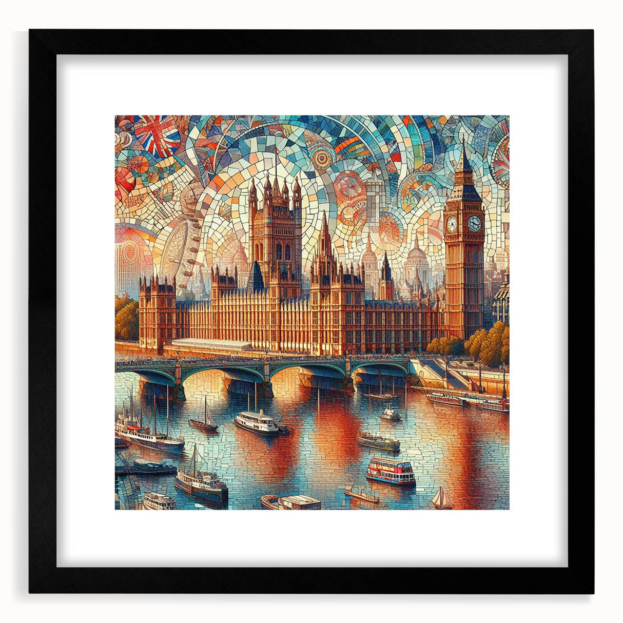 Colorful abstract art print of London scenery in vibrant hues on a large framed canvas, ideal for living room decor.