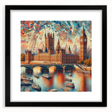 Colorful abstract art print of London scenery in vibrant hues on a large framed canvas, ideal for living room decor.