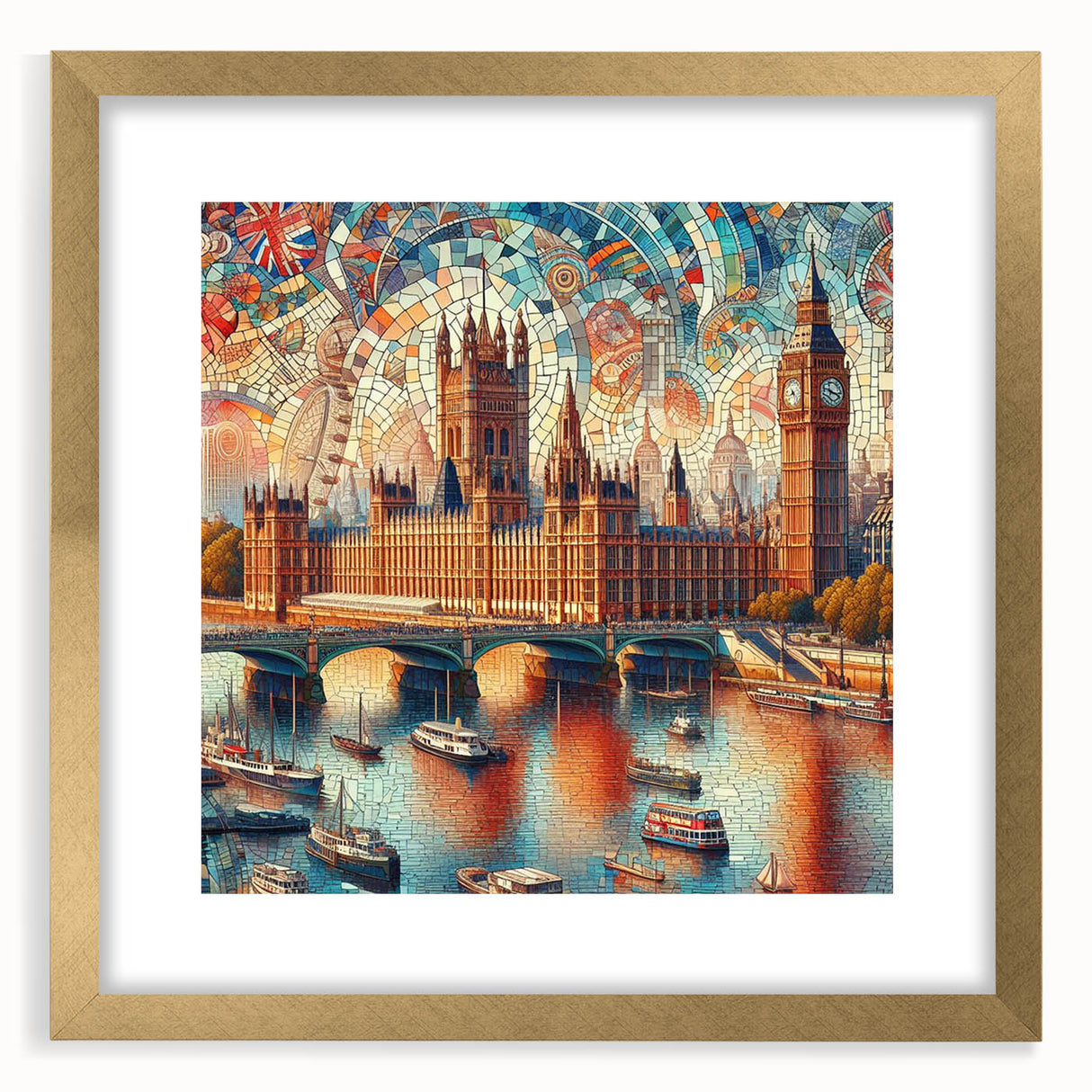 Abstract art print of London scenery in muted gold and blue tones on a framed canvas, suitable for dining room decor.