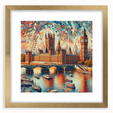 Abstract art print of London scenery in muted gold and blue tones on a framed canvas, suitable for dining room decor.