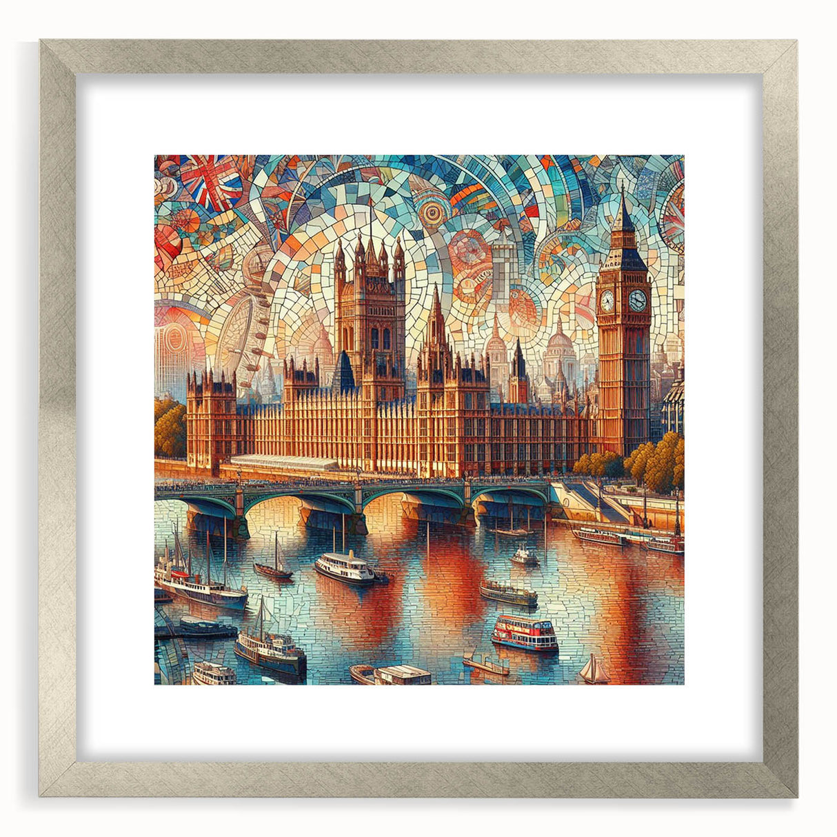 Extra large abstract art print featuring a textured depiction of the London skyline in muted gray and silver tones.