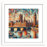 Textured abstract art print of London scenery in muted gray tones on a framed white mat, suitable for bedroom decor.