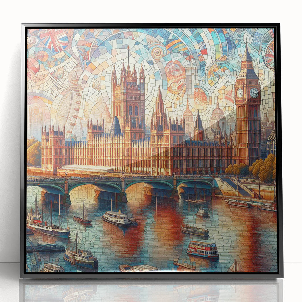 Large abstract wall art of London scenery in muted gray and blue tones, acrylic print in black frame.