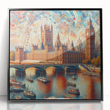 Large abstract wall art of London scenery in muted gray and blue tones, acrylic print in black frame.