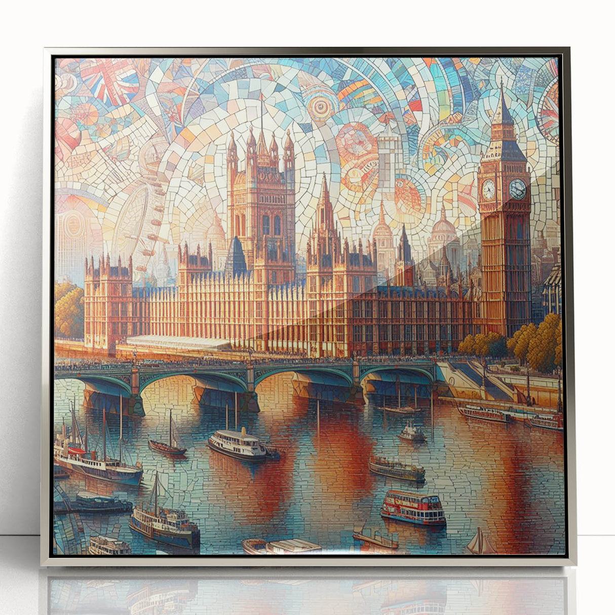 Large art print of London scenery in muted gray tones on framed acrylic, suitable for modern art wall decor.