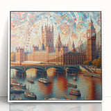 Acrylic print of London skyline in muted gray and blue tones, framed in white, suitable for nursery wall art.