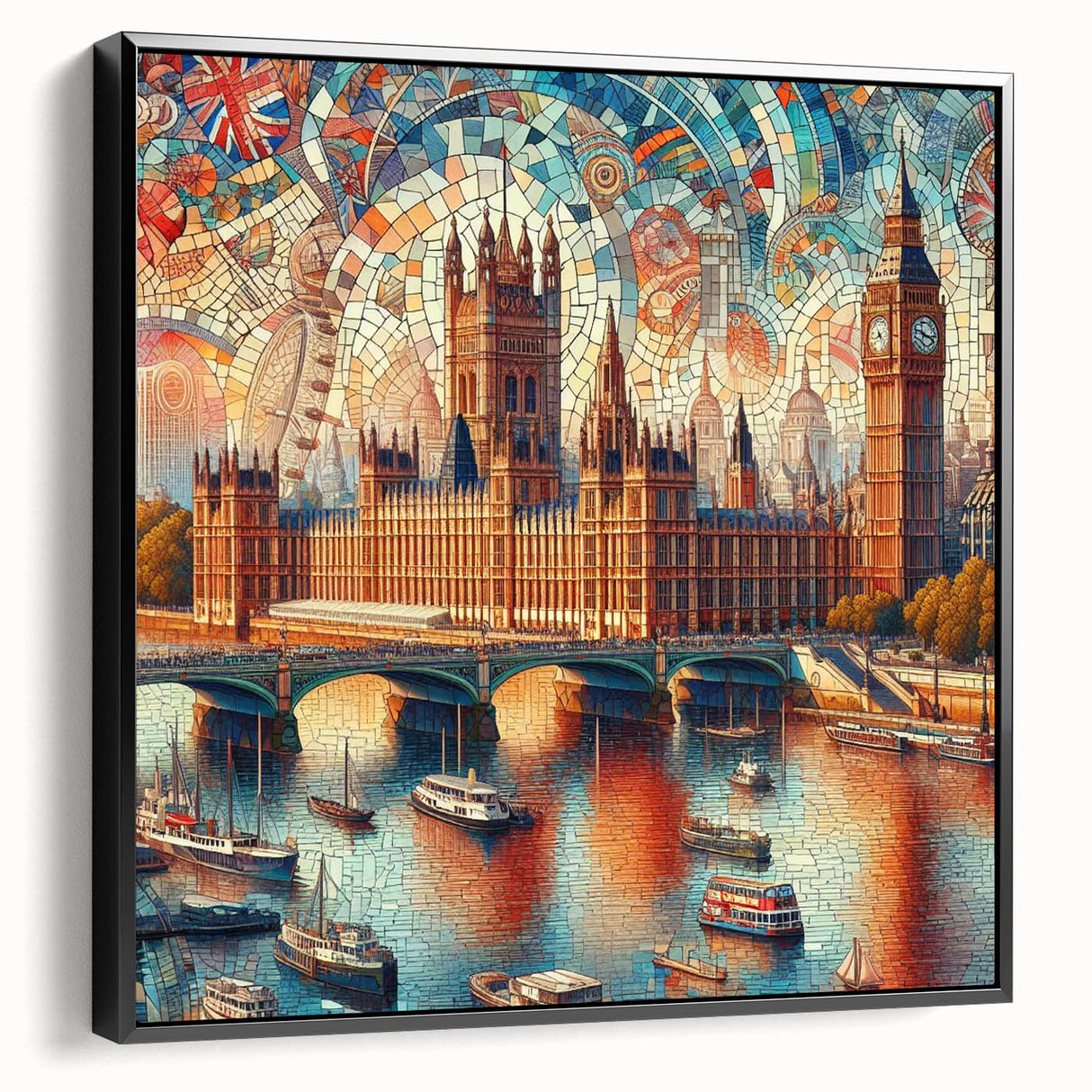 Black and white wall art featuring a vintage poster of the London skyline on framed canvas, ideal for bedroom decor.