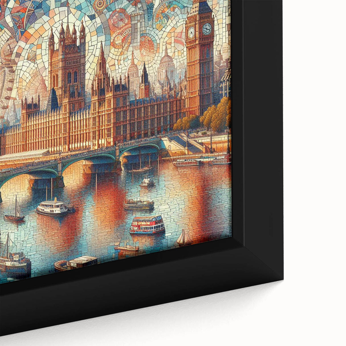 Close-up of textured black wall art featuring a colorful London skyline on a framed canvas, ideal for living room decor.
