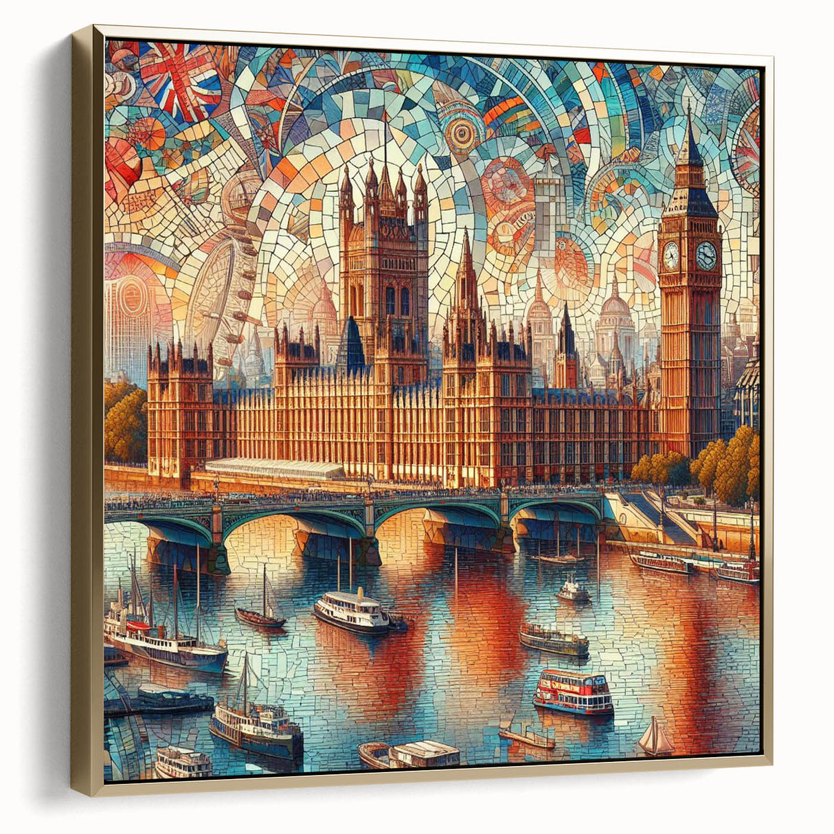 Framed canvas wall art of a vintage London landscape in black and silver tones, ideal for bedroom decor.