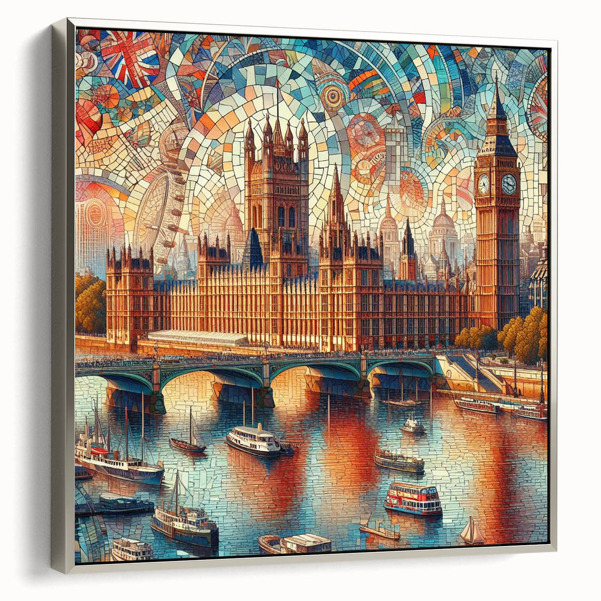 Landscape art painting of London featuring colorful art on black background in a silver-framed canvas.