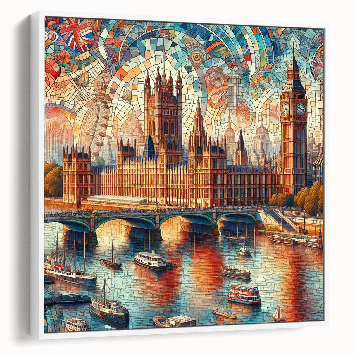 Vintage poster art of London scenery on a large framed canvas, featuring colorful elements against a black background.