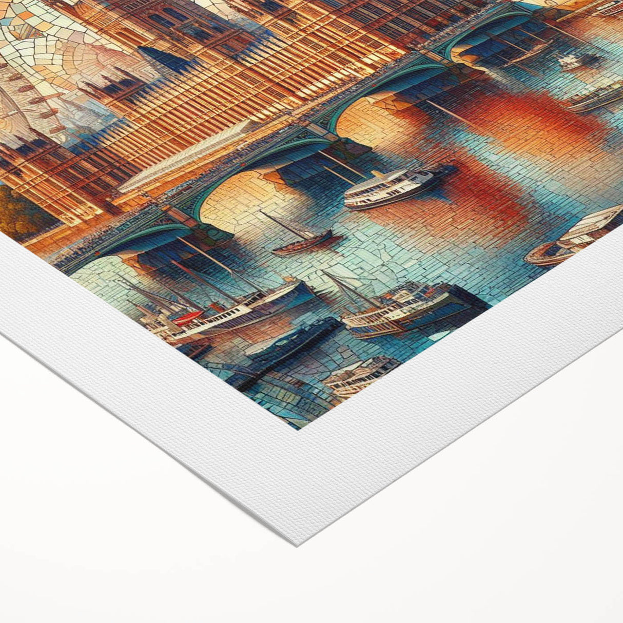 Art deco poster of London skyline in muted gray and blue tones on rolled canvas, suitable for dining room decor.