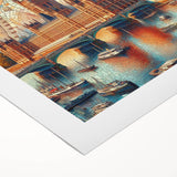 Art deco poster of London skyline in muted gray and blue tones on rolled canvas, suitable for dining room decor.
