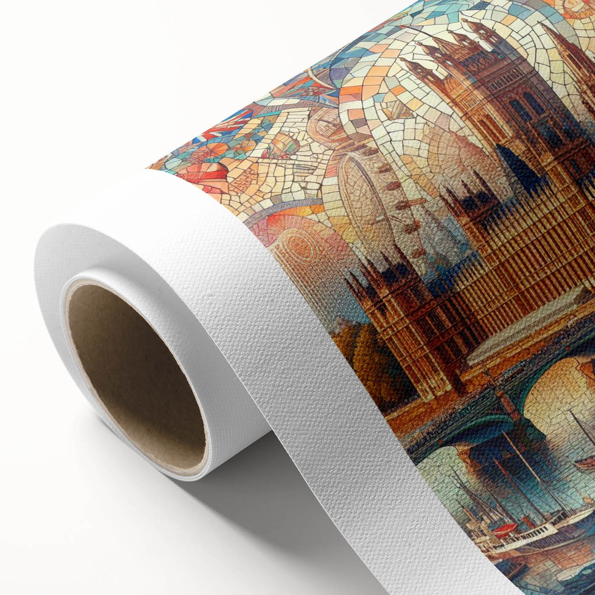 Art deco poster of London scenery in muted blue tones on rolled canvas, ideal for nursery wall art or dining room decor.