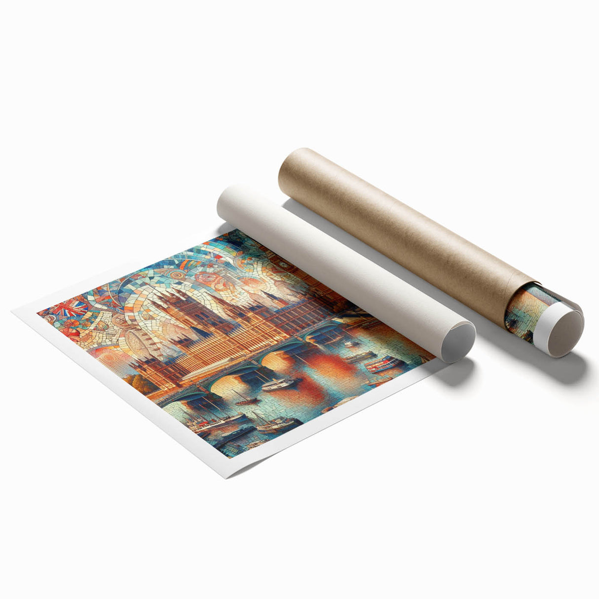 Extra large rolled print of London scenery with floral accents in muted colors, ideal for classy bathroom wall art.